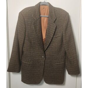 Vtg Isda & Co Women's Brown Houndstooth Tweed Wool Blazer Sz 14 Lined Academia